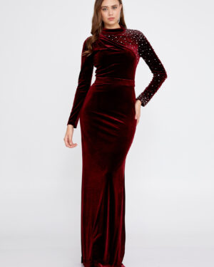 Nanz Nathalie Long Sleeve Maxi Velvet Column Regular Burgundy Evening Dress