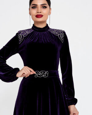Long Sleeve Maxi Velvet Column Regular Purple Evening Dress