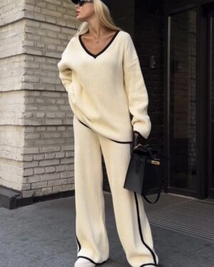 NANZ Oversize Knitted Co Ord Set With Edge Line In Beige 890-Beige