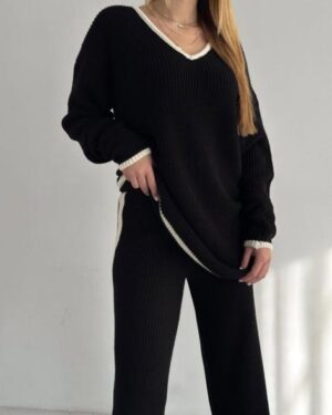NANZ Oversize Knitted Co Ord Set With Edge Line In Beige 890-Beige Black