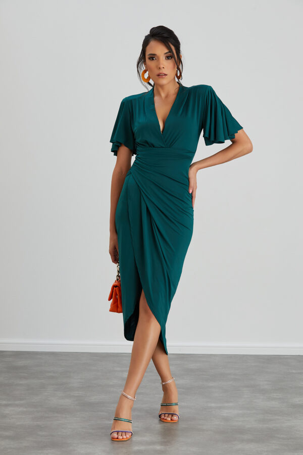 NANZ Elysia Angel Sleeve Wrap Midi Dress I Green - Image 4