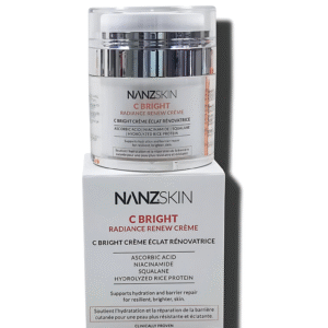Nanzskin C Bright Radiance Renew Crème packaging with jar and box on a gray background