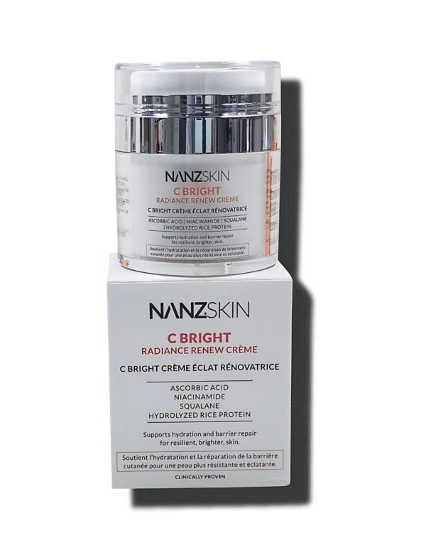Nanzskin C Bright Radiance Renew Crème packaging with jar and box on a gray background